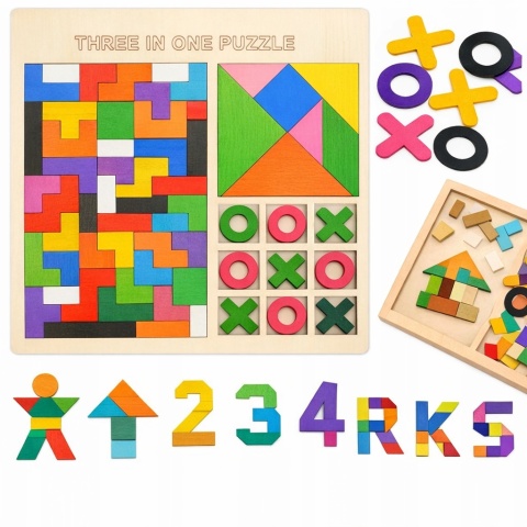 Drewniane Układanki Edukacyjne – Tetris, Kółko i Krzyżyk, Tangram